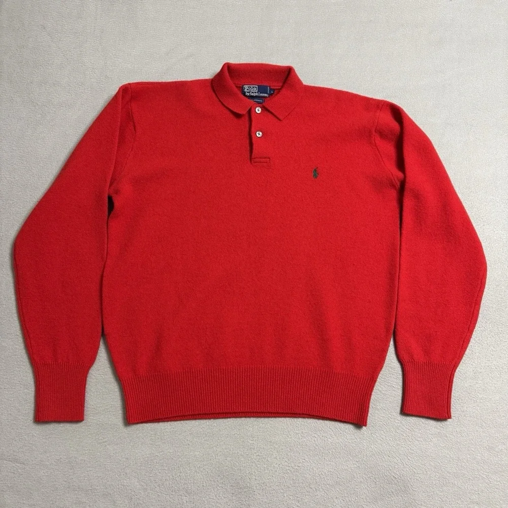 Vintage Polo Ralph Lauren Sweater Mens Large Red‎ Lambswool Collared Preppy